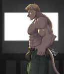  1boy abs ass backlighting bara beard brown_male_underwear bulge bulge_lift dressing expressionless facial_hair feet_out_of_frame from_side furry furry_male green_pants highres i&#039;ve_never_seen_a_guy_recreate_this_successfully_tbh_(meme) large_pectorals lossy_ian male_focus male_underwear mature_male meme muscular muscular_male navel navel_hair nipples open_pants original pants pants_lift pectorals short_hair solo stomach thick_thighs thighs topless_male undersized_clothes underwear 