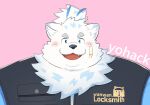  anthro bandage blue_clothing blue_eyes blush bust_portrait canid canine canis clothing domestic_dog fur kumatoron lifewonders live_a_hero locksmith male mammal nordic_sled_dog portrait samoyed solo spitz topknot topwear vest white_body white_fur yohack 