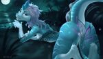  anthro aquatic_dragon asian_mythology beach blue_body blue_claws blue_eyeshadow blue_fur blue_hair breasts butt censored censored_breasts censored_genitalia claws detailed_background digital_media_(artwork) disney dragon east_asian_mythology eastern_dragon eyeshadow female fur hair hi_res horn looking_at_viewer looking_back looking_back_at_viewer lying lying_on_ground makeup mammal marine moon mythology night nude on_front open_mouth outside pink_body pink_skin plant presenting purple_eyes purple_hair raya_and_the_last_dragon rear_view sand seaside sisu_(ratld) sky small_breasts smile solo star striped_body stripes tail teeth tgt1512 water 