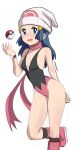  1girl adapted_costume beanie black_socks blue_eyes blue_hair casual_one-piece_swimsuit dawn_(pokemon) feet_out_of_frame hair_ornament hairclip hat long_hair one-piece_swimsuit pabsmikan pink_footwear poke_ball poke_ball_(basic) poke_ball_print pokemon pokemon_(anime) pokemon_dppt_(anime) red_scarf scarf simple_background socks solo standing swimsuit two-tone_swimsuit white_background white_headwear 