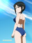  1girl ass black_hair blue_eyes blue_one-piece_swimsuit blush breasts chouno_ami closed_mouth dated girls_und_panzer highres medium_breasts naotosi one-piece_swimsuit outdoors short_hair shoulder_blades signature sky smile solo standing swimsuit 