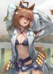  1girl absurdres agnes_tachyon_(lunatic_lab)_(umamusume) agnes_tachyon_(umamusume) ahoge arm_behind_head arms_up autumn autumn_leaves bags_under_eyes bikini bikini_under_clothes blurry blurry_foreground breasts brown_hair coat cold collarbone commentary_request cowboy_shot day denim denim_shorts empty_eyes eyelashes hair_between_eyes highres lab_coat leaf leaf_on_head leaning_to_the_side long_sleeves medium_breasts navel open_clothes open_coat open_fly open_mouth open_shorts outdoors red_eyes short_shorts shorts sleeves_past_fingers sleeves_past_wrists smile snot solo stomach sweat swimsuit tonariuta torn_clothes torn_shorts umamusume white_coat 