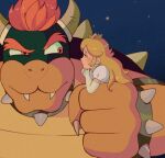  1boy 1girl bangle blonde_hair blue_eyes blush bowser bracelet crown earrings elbow_gloves fangs fangs_out furrowed_brow gloves highres horns in_palm jewelry long_hair looking_at_another mario_(series) mini_crown own_hands_clasped own_hands_together princess_peach puffy_short_sleeves puffy_sleeves red_eyes short_sleeves sidelocks size_difference softp3ach spiked_bracelet spiked_necklace spiked_shell spikes white_gloves 