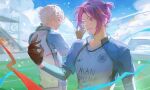  2boys black_eyes black_gloves blue_lock blue_shirt collared_shirt cowboy_shot day gloves hand_up highres hisakawa_02 long_sleeves male_focus mikage_reo multiple_boys nagi_seishirou outdoors profile purple_eyes purple_hair shirt short_hair short_ponytail smile soccer_uniform sportswear standing white_hair 