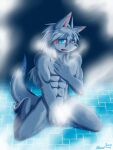  akebono_yuminaga_(akino-kamihara) akino-kamihara anthro blush bodily_fluids canid canine censored covering covering_crotch crying hand_on_chest hi_res kneeling male mammal muscular muscular_male nipples nude solo steam tears water wet wet_body 