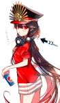  1girl blush buster_shirt can cape clothes_writing family_crest fate/grand_order fate_(series) hat headphones headphones_around_neck hi_(wshw5728) highres holding holding_can long_hair military_hat oda_nobunaga_(fate) oda_uri peaked_cap pepsi red_cape red_eyes red_shirt shirt simple_background skirt solo striped striped_skirt t-shirt very_long_hair white_background 