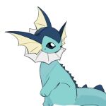  animal_focus blue_eyes commentary from_side full_body looking_back no_humans pokemon pokemon_(creature) simple_background sitting sketch solo sweat takashi_(pixiv_80298118) vaporeon white_background 
