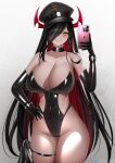  1girl azur_lane black_gloves black_hair black_leotard blush breasts cellphone choker cleavage clenched_teeth colored_inner_hair elbow_gloves friedrich_der_grosse_(azur_lane) gdat gloves gradient_background grey_background hair_over_one_eye hat highres horns large_breasts latex leotard looking_at_viewer mechanical_horns military_hat multicolored_hair phone red_hair red_horns simple_background smile solo teeth thigh_strap white_background yellow_eyes 
