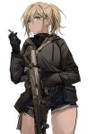  1girl assault_rifle black_gloves black_jacket blonde_hair blue_eyes cigarette denim denim_shorts earrings gloves gun hand_in_pocket highres holding holding_cigarette jacket jewelry long_sleeves original ponytail rff_(3_percent) rifle rk62 shorts sketch smoking solo weapon white_background 