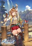  1girl arms_up atelier_(series) atelier_ryza atelier_ryza_1 breasts brown_eyes brown_hair cleavage gloves hair_ornament hairclip hat highres jewelry large_breasts necklace official_art reisalin_stout short_hair short_shorts shorts solo stretching thighhighs thighs toridamono white_headwear 