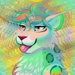  2023 abstract_background ambiguous_gender biped digital_media_(artwork) digitoxici drugs felid feral fur grey_body grey_fur hi_res lsd mammal pantherine psychedelic psychedelic_background snow_leopard solo tongue tongue_out white_body white_fur yellow_eyes 