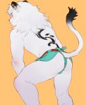  anthro athletic athletic_anthro athletic_male back_tattoo black_body black_fur blush bottomwear butt clothing dipstick_ears dipstick_tail felid fur hi_res leo_(saitama_seibu_lions) lion loincloth loincloth_only looking_away male mammal mane markings mascot multicolored_ears nippon_professional_baseball pantherine pink_ankle presenting presenting_hindquarters raised_tail red_eyes saitama_seibu_lions solo tail tail_markings tattoo white_body white_fur white_mane yuuko891 