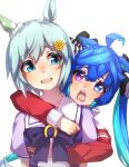  2girls @_@ ahoge animal_ears blue_eyes blue_hair grey_hair hair_ornament hairclip heterochromia highres horse_ears horse_girl hug hug_from_behind jacket long_hair multicolored_hair multiple_girls open_mouth pink_eyes red_jacket school_uniform seiun_sky_(umamusume) sharp_teeth short_hair short_sleeves teeth thin_(suzuneya) tongue tracen_school_uniform track_jacket twin_turbo_(umamusume) twintails umamusume upper_teeth_only 