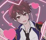  1boy black_necktie brown_eyes brown_hair collared_shirt colored_eyelashes ensemble_stars! heart highres looking_at_viewer male_focus morisawa_chiaki necktie nobuo_(nbht46) official_alternate_costume open_mouth shirt short_hair solo translation_request upper_body 
