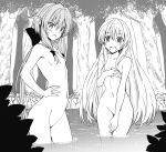  2girls blush bow breasts covering covering_breasts covering_crotch elf goblin_slayer! greyscale hair_between_eyes hair_bow hair_censor hako_roku high_elf_archer_(goblin_slayer!) long_hair looking_at_viewer monochrome multiple_girls no_pussy nude open_mouth pointy_ears ponytail priestess_(goblin_slayer!) small_breasts sweat tree wading 