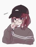  1girl arima_kana black_headwear blush bob_cut brown_sweater closed_mouth glasses hat highres inverted_bob looking_at_viewer minacoco3755 oshi_no_ko red_eyes red_hair short_hair simple_background sweater upper_body white_background 