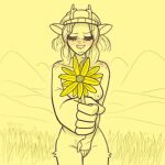  anthro antlers blueregardtwo blush breasts clothing covering covering_crotch deer elaine_(blueregardtwo) female field flower hair hat headgear headwear horn long_hair mammal mountain nipples nude outside plant solo 