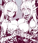  2girls bare_shoulders blush breast_press breasts cleavage collarbone fins fumato gauntlets greyscale head_fins highres holding_hands horns large_breasts long_hair long_sleeves looking_at_viewer monochrome multiple_girls open_mouth original smile symmetrical_docking 
