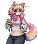  anakoluth anakoluth_(character) anthro blonde_hair blue_eyes breasts canid canine canis curled_tail dirty_clothing domestic_dog ear_piercing eyewear female female/female food fur glasses hair mammal medium_breasts oops piercing shiba_inu solo spitz thick_thighs yellow_body yellow_fur 