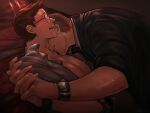  2boys artist_name bara bare_pectorals bite_mark biting black_hair black_jacket blush closed_eyes couple david_king_(dead_by_daylight) dead_by_daylight dessa_nya dwight_fairfield glasses grey_shirt highres holding_hands jacket large_pectorals male_focus multiple_boys muscular muscular_male neck_biting nipples open_clothes open_shirt pectorals shirt short_hair teeth upper_body watch wristwatch yaoi 