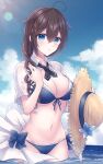  1girl ahoge beach bikini blue_bikini blue_eyes blush braid breasts brown_hair hair_between_eyes hair_flaps hair_over_shoulder hat highres kabocha_torute kantai_collection large_breasts long_hair looking_at_viewer partially_submerged shigure_(kancolle) shigure_kai_san_(kancolle) single_braid solo sun_hat swimsuit 