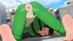  1girl :&gt; absurdres all_fours anus arm_between_legs ass asui_tsuyu barefoot black_eyes black_hair blurry blurry_background blurry_foreground blush bodysuit boku_no_hero_academia breasts building city closed_mouth commentary covering covering_crotch crotch_cutout depth_of_field english_commentary feet foreshortening from_behind gloves greatm8 green_bodysuit hanging_breasts highres jitome long_hair mole mole_on_ass nose_blush outdoors photoshop_(medium) sanpaku skyscraper soles solo spread_ass spread_legs steaming_body tiptoes toes top-down_bottom-up white_gloves 
