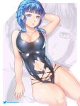  1girl alternate_breast_size alternate_costume arm_behind_head bare_legs blue_eyes blue_hair braid breasts cleavage etchimune fire_emblem fire_emblem:_three_houses large_breasts looking_at_viewer marianne_von_edmund one-piece_swimsuit short_hair smile solo swimsuit thighs 
