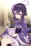  1girl blue_archive floral_print hairband halo haruka_(blue_archive) haruka_(new_year)_(blue_archive) highres holding holding_plant japanese_clothes kazunari_(likuro137) kimono medium_hair obi plant potted_plant print_kimono purple_eyes purple_hair purple_hairband purple_kimono sash sitting smile solo 