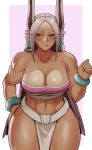  1girl abs animal_ears artist_name bare_shoulders blush boku_no_hero_academia border bracelet breasts chel_(the_road_to_el_dorado) chel_(the_road_to_el_dorado)_(cosplay) cleavage clenched_hand collarbone commentary cosplay dark-skinned_female dark_skin earrings gud0c hand_on_own_hip hand_up highres jewelry large_breasts loincloth long_eyelashes long_hair looking_at_viewer mayan_clothes mirko navel parted_bangs pelvic_curtain pink_background pink_tube_top rabbit_ears rabbit_girl raised_eyebrow red_eyes solo stomach strapless symbol-only_commentary the_road_to_el_dorado thick_thighs thighs toned tube_top very_long_hair white_border white_hair white_loincloth 