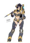  1girl adeptus_astartes armor bikini_armor black_armor black_hair breastplate breasts chain cleavage closed_mouth contrapposto ferrus_manus flamethrower forgebreaker full_armor gauntlets genderswap genderswap_(mtf) gold_trim greaves gun hand_on_own_hip highres holding holding_weapon iron_hands_(warhammer) muscular muscular_female pauldrons ponytail power_armor primarch ryuusei_(mark_ii) scar scar_across_eye scar_on_face short_hair shoulder_armor signature skull solo thighhighs war_hammer warhammer_40k weapon white_background 