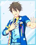  1boy ahoge akuno_hideo aqua_eyes blue_necktie brown_hair buttons closed_eyes collared_shirt fingernails hair_between_eyes idolmaster idolmaster_side-m idolmaster_side-m_growing_stars necktie official_art palms sharp_teeth shirt teeth upper_body upper_teeth_only 