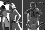  against_surface against_wall anthro bald breasts bulge clothed clothing comic dark_body dark_fur dominant dominant_female duo exposed_breasts fangs felid female fur hair hi_res human humanoid imminent_sex job_interview larger_female looking_at_another machairodontine male male/female mammal meme navel necktie nipples short_hair simple_background size_difference smaller_male speech_bubble suit teeth to_be_continued undressing vespera_(yonivi) white_hair yonivi 
