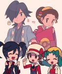 1boy 4girls :d ? black_hair black_kimono brown_hair chibi clenched_hands closed_eyes commentary_request detached_sleeves eyelashes falkner_(pokemon) furisode_girl_(pokemon) furisode_girl_kali green_hair hat jacket japanese_clothes kimono kimono_girl_(pokemon) kris_(pokemon) long_hair lyra_(pokemon) medium_hair multiple_girls open_mouth overalls pokemon pokemon_(game) pokemon_gsc pokemon_hgss pokemon_xy red_shirt sash shirt smile spoken_question_mark twintails tyako_089 white_headwear white_jacket wide_sleeves yellow_headwear 
