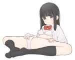  1girl :| au_arigatou between_legs black_hair blunt_bangs blush bow bowtie bra closed_mouth commentary_request female_masturbation full_body grey_eyes groin hand_between_legs highres knees_apart_feet_together long_hair lying making-of_available masturbation masturbation_through_clothes on_back original panties red_bow red_bowtie school_uniform shirt simple_background sweat unbuttoned underwear white_background white_bra white_panties white_shirt 