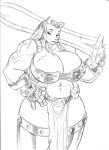  2023 abs absurd_res anthro armor biceps big_breasts black_and_white bottomwear breast_scar breasts chochi clothed clothing female gauntlets gloves graphite_(artwork) hand_on_hip handwear hi_res huge_breasts legwear loincloth looking_at_viewer mammal melee_weapon midriff monochrome muscular muscular_female pencil_(artwork) scar sketch skimpy solo spiked_gloves spikes studs sword thick_thighs thigh_highs traditional_media_(artwork) weapon 