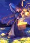  1girl adjusting_clothes adjusting_headwear azuazu_0405 basket blush bow bowtie breasts brown_eyes brown_hair cloak cloud cloudy_sky commentary_request crescent_moon dress fantasy flower full_body glowing_flower hat highres holding holding_staff lantern light_particles long_hair looking_at_viewer moon moonlight mountain mountainous_horizon night original outdoors parted_lips pointy_ears pond sky small_breasts staff star_(sky) starry_sky very_long_hair wading wicker_basket wind witch witch_hat 