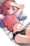  1girl absurdres arm_up black_shorts cowboy_shot gradient_hair green_eyes hair_between_eyes hair_ornament hand_on_own_head heterochromia highres himemori_luna hololive light_blush light_frown long_hair looking_at_viewer lying multicolored_hair navel on_back on_bed pink_hair pink_shirt purple_eyes purple_hair scarlet_(wv0102) shirt short_shorts short_sleeves shorts solo virtual_youtuber 
