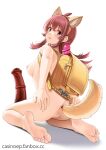  1girl ahoge anal anal_object_insertion anal_tail animal_ears anus ass backpack bag barefoot breasts brown_eyes brown_hair casino_(casinoep) dildo fake_animal_ears fake_tail from_behind full_body hair_between_eyes huge_dildo idolmaster idolmaster_shiny_colors komiya_kaho looking_back medium_breasts nipples nude object_insertion parted_lips pussy sex_toy simple_background solo tail uncensored white_background 