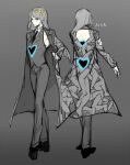  1girl backless_outfit black_footwear black_necktie blue_eyes closed_mouth coat e.g.o_(project_moon) employee_(lobotomy_corporation) eye_hair_ornament full_body grey_background grey_coat grey_hair grey_pants grey_vest heart lobotomy_corporation long_sleeves looking_to_the_side necktie nishikujic pants project_moon shoes sidelocks simple_background vest 