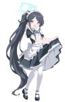  1girl :d absurdly_long_hair absurdres apron aris_(blue_archive) aris_(maid)_(blue_archive) black_hair blue_archive blue_eyes clothes_lift commentary_request dress dress_lift forehead frilled_apron frills full_body halo highres lifted_by_self long_hair looking_at_viewer maid maid_apron maid_headdress mary_janes official_alternate_costume official_alternate_hairstyle pantyhose parted_bangs shoes short_sleeves side_ponytail sidelocks simple_background smile solo standing very_long_hair white_apron white_background white_pantyhose wristband yukisiannn 