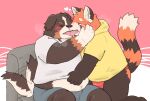  2023 ailurid anthro belly bernese_mountain_dog blush canid canine canis clothing domestic_dog duo eyes_closed kemono kissing kotadash male male/male mammal molosser mountain_dog overweight overweight_male red_panda shirt shrots sitting swiss_mountain_dog tail tail_motion tailwag tongue tongue_out topwear underwear 