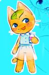  1girl animal_crossing animal_ears animal_feet animal_hands arm_at_side bare_shoulders barefoot blue_background blue_eyes blush blush_stickers body_fur bottle cat_ears cat_girl cat_tail closed_mouth collared_dress dress flat_chest full_body furry furry_female hand_up happy hoesmadder holding holding_bottle leaf leaf_on_head legs looking_to_the_side multiple_views nose_blush orange_fur outline partially_colored see-through see-through_dress sleeveless sleeveless_dress smile standing tail tangy_(animal_crossing) tongue tongue_out whiskers white_outline 