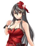  1girl alternate_costume artist_name bare_shoulders black_choker black_hair breasts brown_eyes choker cleavage collarbone dress flower hair_between_eyes hair_flower hair_ornament hairclip haruna_(kancolle) headband kantai_collection long_hair looking_at_viewer medium_breasts one-hour_drawing_challenge red_dress rekka_yamato simple_background smile solo strapless strapless_dress white_background white_headband 