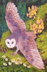  animal animal_focus barn_owl bird fern flower grass highres looking_at_viewer moss mushroom no_humans original owl turnipot white_flower 