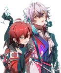  2boys ahoge amain_dudu asymmetrical_clothes black_choker black_gloves blue_eyes blue_hair blush cheek_poking choker commentary cropped_jacket cup drinking_glass eyeshadow floral_print gavis_bettel gloves grin hair_between_eyes heterochromia high_collar highres holding holding_cup holostars holostars_english jacket looking_at_another machina_x_flayon makeup medium_hair multicolored_hair multiple_boys pink_eyes pink_eyeshadow pink_hair poking red_eyes red_hair red_jacket scarf short_hair smile spilling standing streaked_hair striped symbol-only_commentary thinking upper_body vertical_stripes virtual_youtuber white_background white_scarf wine_glass 