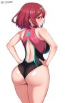  1girl ass backless_swimsuit bare_arms bare_shoulders black_one-piece_swimsuit breasts commentary english_commentary from_behind hands_on_own_hips headpiece highres large_breasts looking_at_viewer looking_back namu_(112namu) one-piece_swimsuit pyra_(xenoblade) red_eyes red_hair simple_background solo swimsuit twitter_username white_background xenoblade_chronicles_(series) xenoblade_chronicles_2 