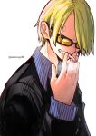  1boy aosora2823 artist_name black_eyes blonde_hair cigarette commentary curly_eyebrows english_commentary facial_hair formal hair_over_one_eye highres holding holding_cigarette male_focus one_eye_covered one_piece sanji_(one_piece) short_hair simple_background smile smoke smoking solo suit sunglasses teeth white_background 