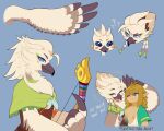  5:4 anthro avian beak bird blonde_hair blue_eyes clothed clothing duo feather_hands feathers hair hi_res human humanoid hylian link m0m0saurus male mammal nintendo rito simple_background tears_of_the_kingdom text the_legend_of_zelda tulin_(tloz) white_body white_feathers wings 