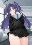  1girl absurdres black_skirt blue_archive blue_necktie breasts cowboy_shot halo highres large_breasts long_hair long_sleeves mechanical_halo necktie pleated_skirt purple_eyes purple_hair shirt skirt solo suit two_side_up white_shirt yukineko1018 yuuka_(blue_archive) 