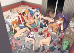  1boy 6+girls after_sex after_vaginal ash_ketchum bandana black_hair blonde_hair blue_hair braid breasts brown_hair chloe_(pokemon) clothes_removed commentary cum cum_in_pussy cum_pool cumdrip dawn_(pokemon) fucked_silly green_hair iris_(pokemon) lana_(pokemon) lillie_(pokemon) long_hair lying mallow_(pokemon) may_(pokemon) messy_room misty_(pokemon) multiple_girls nude on_back on_bed on_floor on_side on_stomach orange_hair panties panties_removed pants pants_removed pokemon pokemon_(anime) purple_hair red_hair serena_(pokemon) sex shoes shoes_removed short_hair side_ponytail single_braid small_breasts socks straddling thighhighs toiro_gawon twintails underwear upright_straddle vaginal 